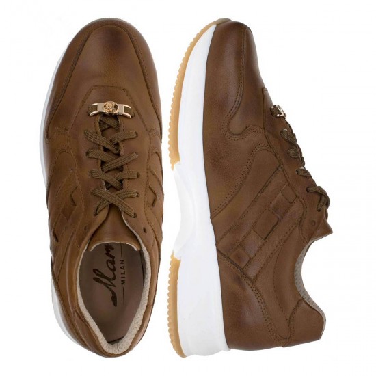 2000298802 Γυναικείο αθλητικό sneakers δετό δέρμα ταμπά σκ