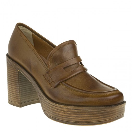 2000348701 Γυναικείο loafers μοκασίνι δέρμα ψηλό ταμπά(βούρτσα)