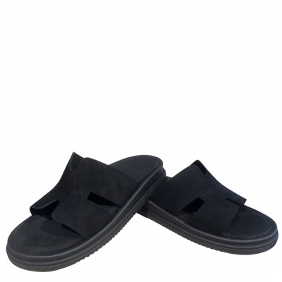 3000002901 Γυναικείο σανδάλι χαμηλό mules flatform nabuk leather μαύρο