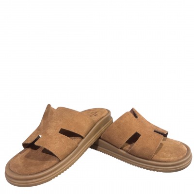3000002902 Γυναικείο σανδάλι χαμηλό mules flatform nabuk leather ταμπά
