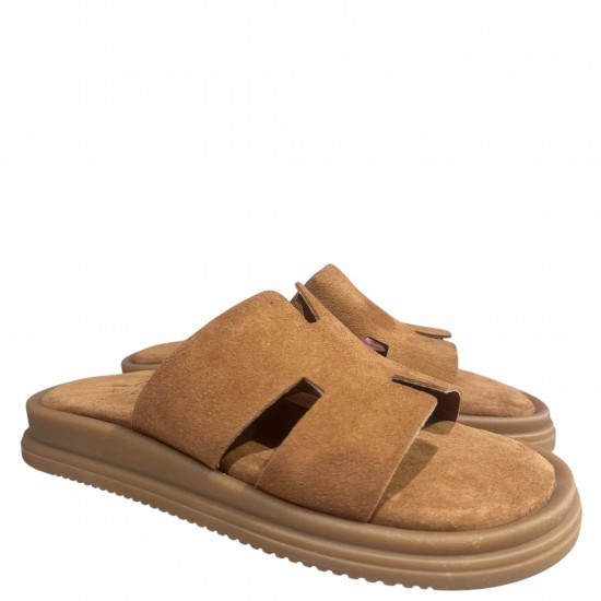 3000002902 Γυναικείο σανδάλι χαμηλό mules flatform nabuk leather ταμπά