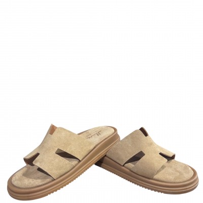 3000002903 Γυναικείο σανδάλι χαμηλό mules flatform nabuk leather μπέζ