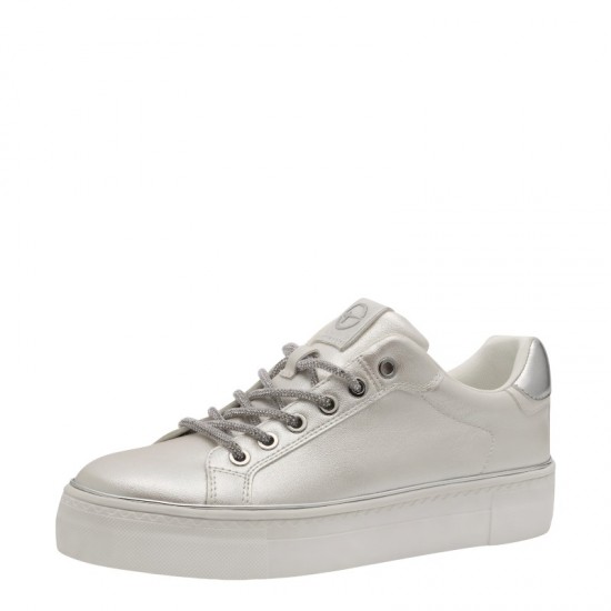 3000003201 Γυναικείο sneakers δετό μεταλιζέ λευκό(περλέ)ασημί