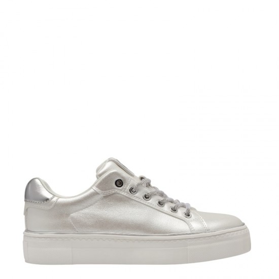 3000003201 Γυναικείο sneakers δετό μεταλιζέ λευκό(περλέ)ασημί