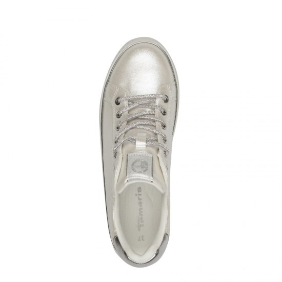 3000003201 Γυναικείο sneakers δετό μεταλιζέ λευκό(περλέ)ασημί