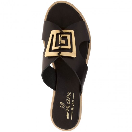 2000061605 Γυναικείο τσόκαρο σανδάλι φλατ δέρμα μαύρο