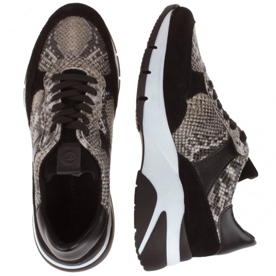 2000068601 Γυναικείο αθλητικό sneakers δερμάτινο δετό φίδι μέ καστόρι μαύρο