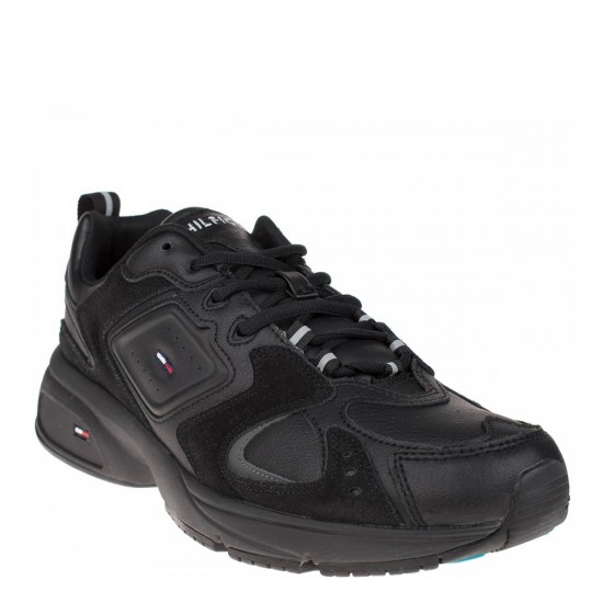 2000104901 Ανδρικό sneaker αθλητικό δετό δερμάτινο μαύρο
