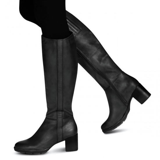 2000106301 Γυναικεία μπότα μεσαίο τετράγωνο τακούνι δερμάτινη μαύρη