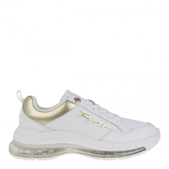 2000175701 Γυναικείο αθλητικό Sneaker δετό δέρμα λευκό/χρυσό
