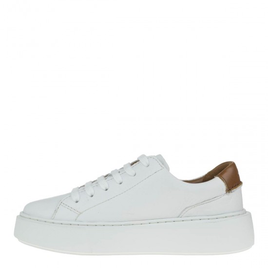 2000213202 Γυναικείο αθλητικό sneakers δετό δέρμα λευκό/ταμπά