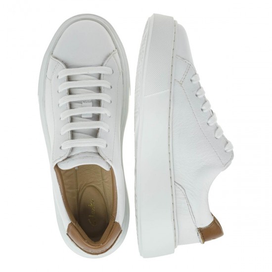 2000213202 Γυναικείο αθλητικό sneakers δετό δέρμα λευκό/ταμπά