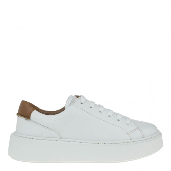 2000213202 Γυναικείο αθλητικό sneakers δετό δέρμα λευκό/ταμπά