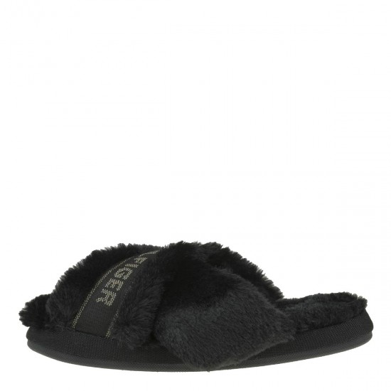 2000239201 Γυναικεία παντόφλα γούνινη χιαστή μαύρη/χρυσή