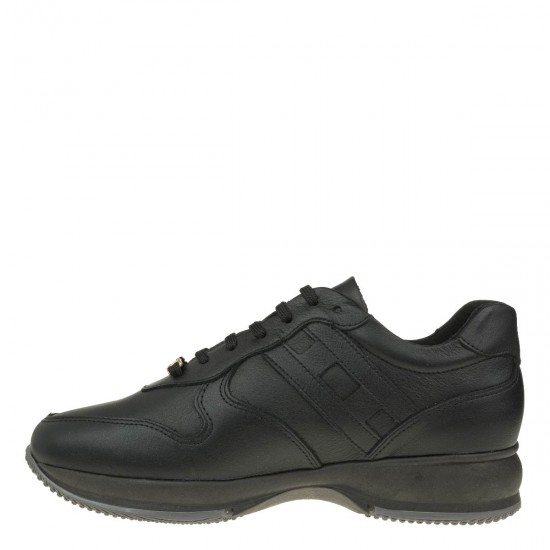 2000342301 Γυναικείο αθλητικό sneakers δετό δέρμα μαύρο