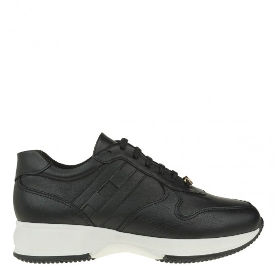 2000342401 Γυναικείο αθλητικό sneakers δετό δέρμα μαύρο/λευκό