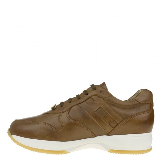 2000342601 Γυναικείο αθλητικό sneakers δετό δέρμα ταμπά/λευκό