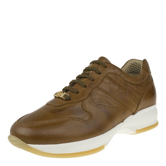 2000342601 Γυναικείο αθλητικό sneakers δετό δέρμα ταμπά/λευκό