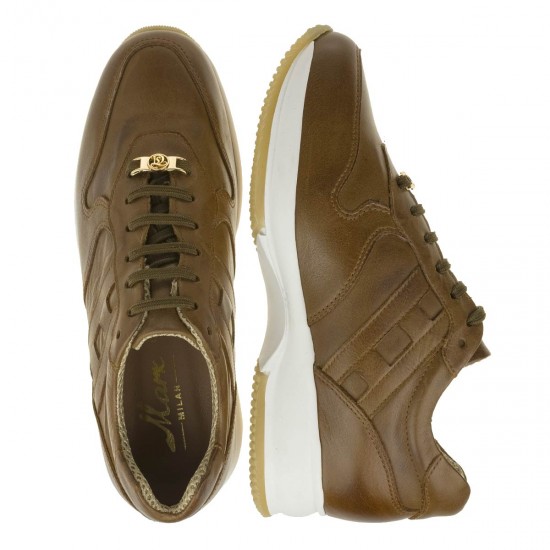 2000342601 Γυναικείο αθλητικό sneakers δετό δέρμα ταμπά/λευκό