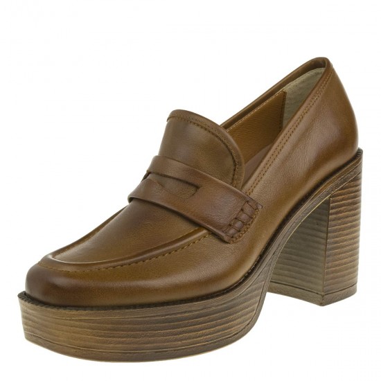 2000361101 Γυναικείο loafers μοκασίνι δέρμα ψηλό ταμπά(βούρτσα)