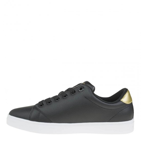 2000372301 Γυναικείο αθλητικό δέρμα sneakers δετό μαύρο/χρυσό