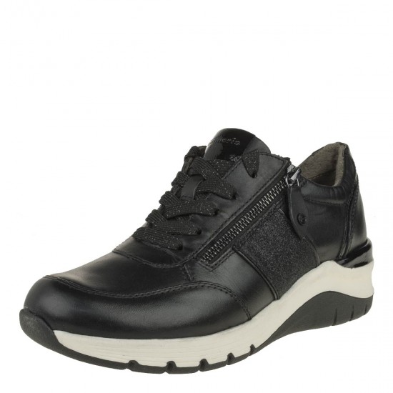 2000469801 Γυναικείο αθλητικό sneakers comfort δετό δέρμα μαύρο/λευκό