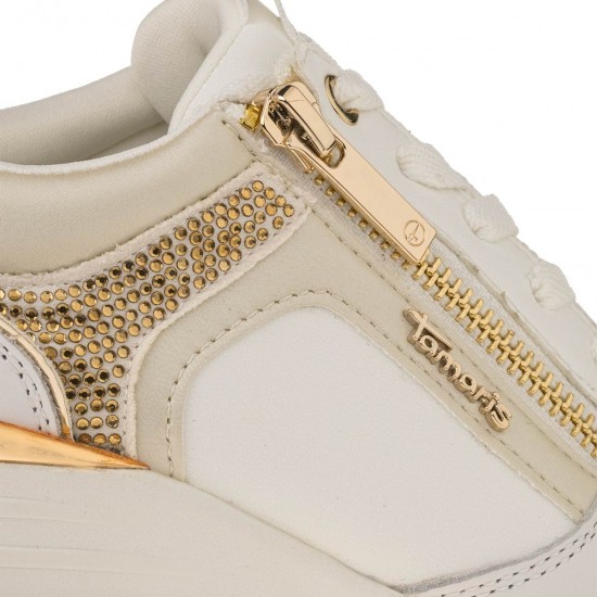 2000514001 Γυναικείο αθλητικό sneakers υπερηψωμένο δετό φερμουάρ δέρμα λευκό/χρυσό