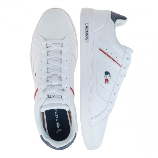 2000554801 Ανδρικό αθλητικό lacoste sneakers δετό δέρμα λευκό/μπλέ/κόκκινο