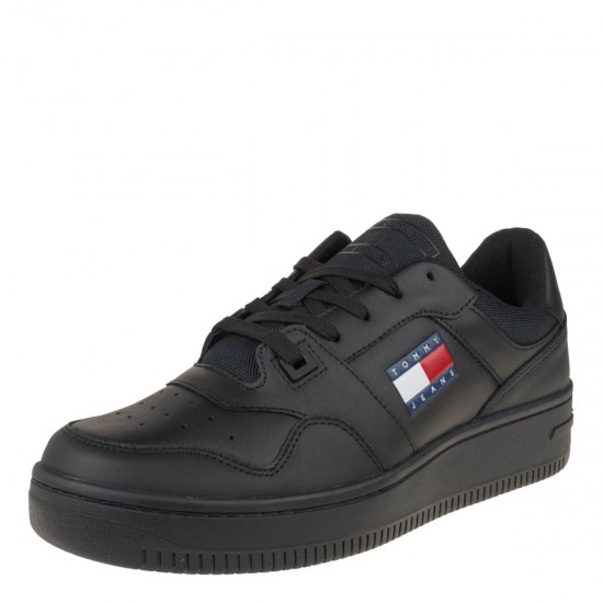 2000572601 Ανδρικό αθλητικό tommy hilfiger jeans sneakers basket δετό μαύρο/μαύρο