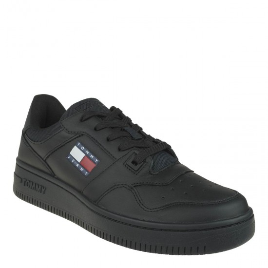 2000441501 Ανδρικό αθλητικό tommy hilfiger jeans sneakers basket δετό μαύρο/μαύρο