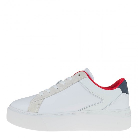 2000580301 Γυναικείο αθλητικό tommy hilfiger sneakers δετό δέρμα λευκό/κόκκινο