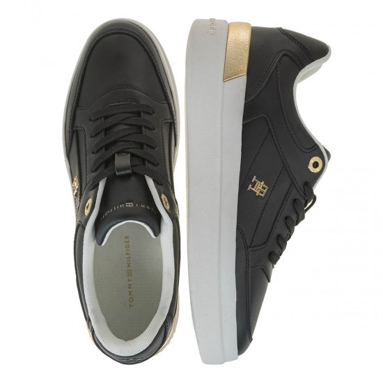 2000580401 Γυναικείο αθλητικό tommy hilfiger sneakers δετό δέρμα μαύρο/χρυσό