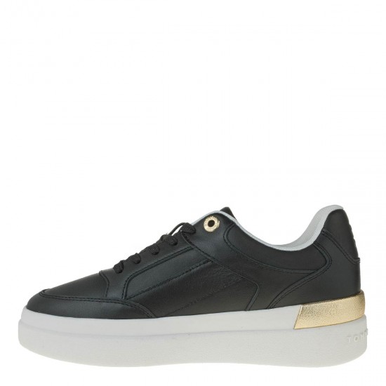 2000580401 Γυναικείο αθλητικό tommy hilfiger sneakers δετό δέρμα μαύρο/χρυσό