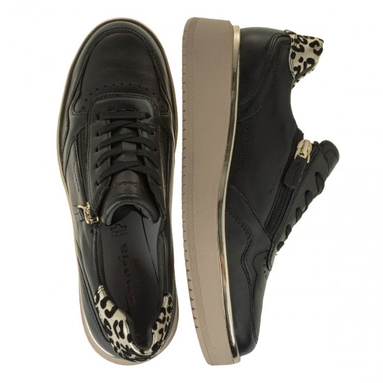 2000586101 Γυναικείο αθλητικό tamaris sneakers δετό δέρμα μαύρο/χρυσό/leopa
