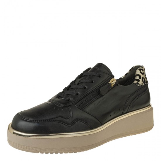 2000586101 Γυναικείο αθλητικό tamaris sneakers δετό δέρμα μαύρο/χρυσό/leopa