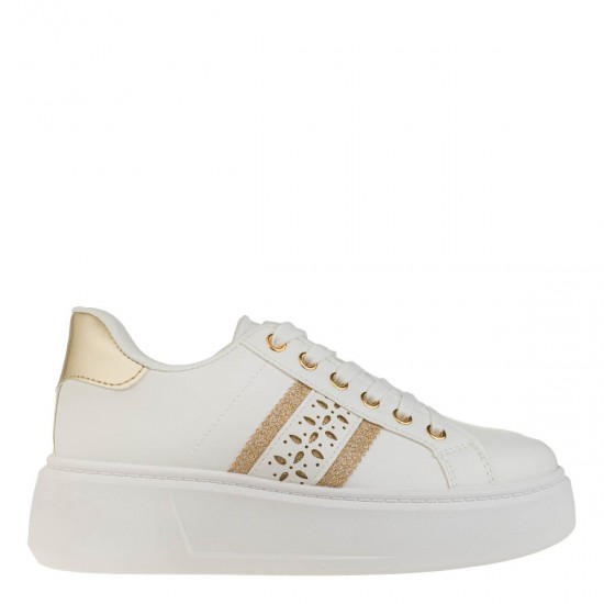 2000588702  Γυναικείο αθλητικό sneakers δίπατο δετό λευκό/χρυσό