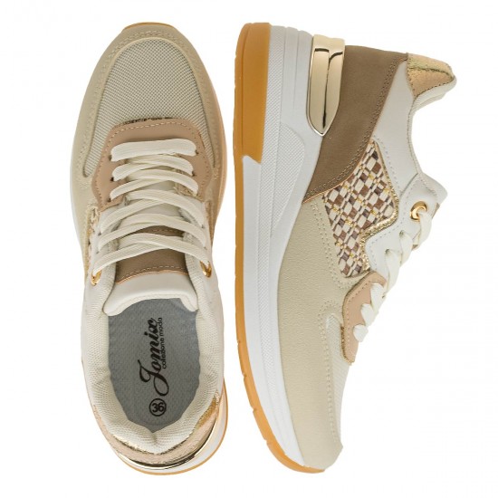 2000589001 Γυναικείο αθλητικό sneakers πέλμα μεσαίο δετό μπεζ/ταμπά