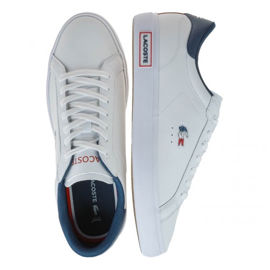 2000615501 Ανδρικό αθλητικό lacoste sneakers δετό δέρμα λευκό/μπλέ/κόκκινο