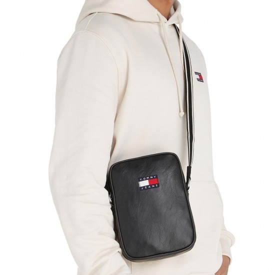 2000627201 Ανδρικό τσαντάκι χιαστή μικρό tommy hilfiger jeans reporter μαύρο/μπέζ