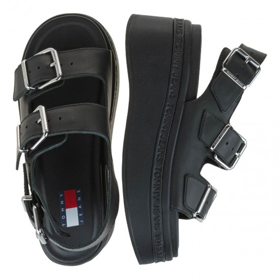2000656301 Γυναικέιο πέδιλο flatform μεσαίο tommy hilfiger jeans δέρμα μαύρο