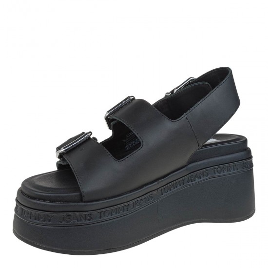 2000656301 Γυναικέιο πέδιλο flatform μεσαίο tommy hilfiger jeans δέρμα μαύρο