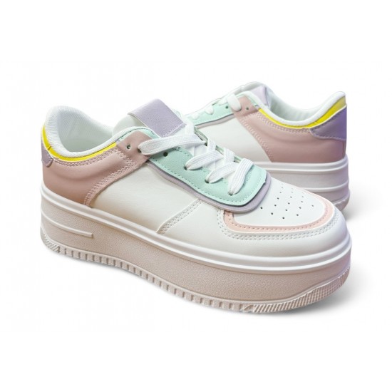 2000689501 Γυναικείο αθλητικό sneakers δίπατο δετό λευκό/πλχ